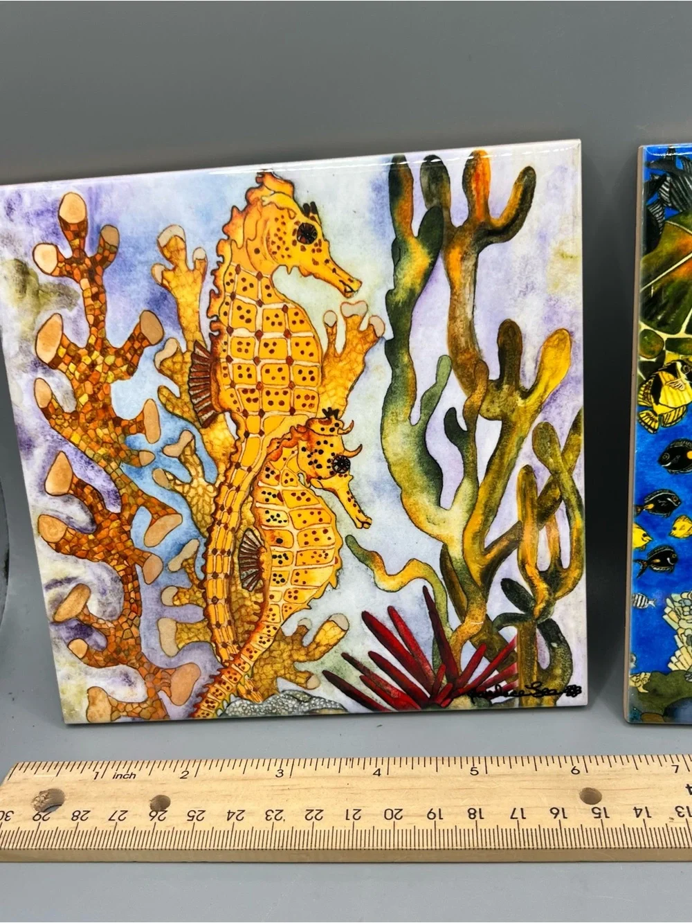 RARE CANDACE LEE Set 2 Ceramic/Cork Tiles Visions of the Tropics Turtles Hawaii